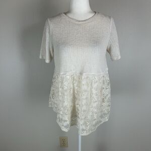 White Ivory Cream M Top Blouse Lace Babydoll Tunic Eclectic Folk Boho Hippie